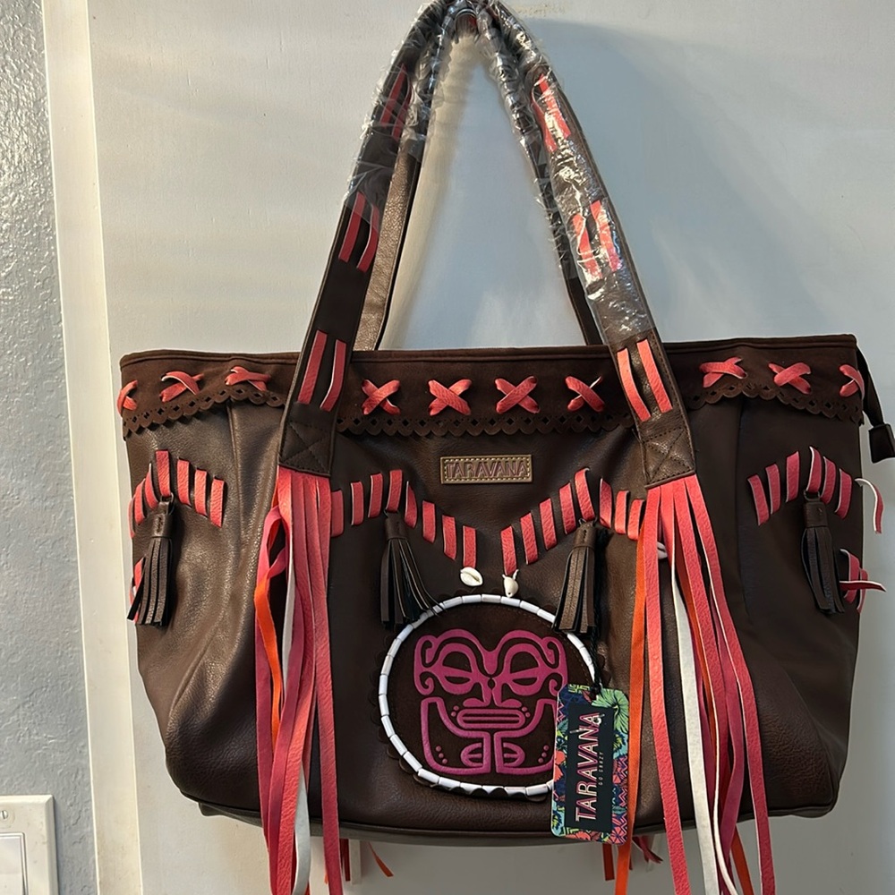 TARAVANA Tiki Theme Brown Large Tote Bag